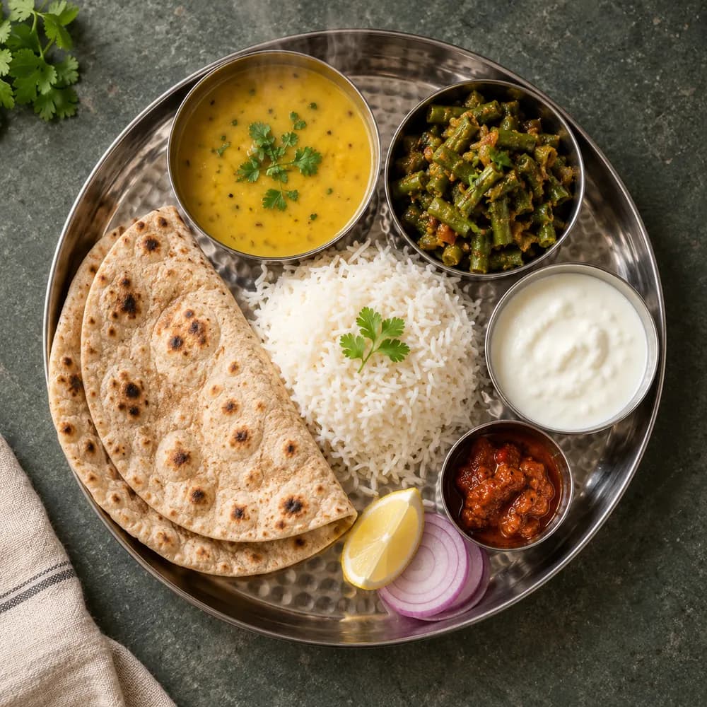 An Indian thali with rotis, rice, dal, vegetables and curd